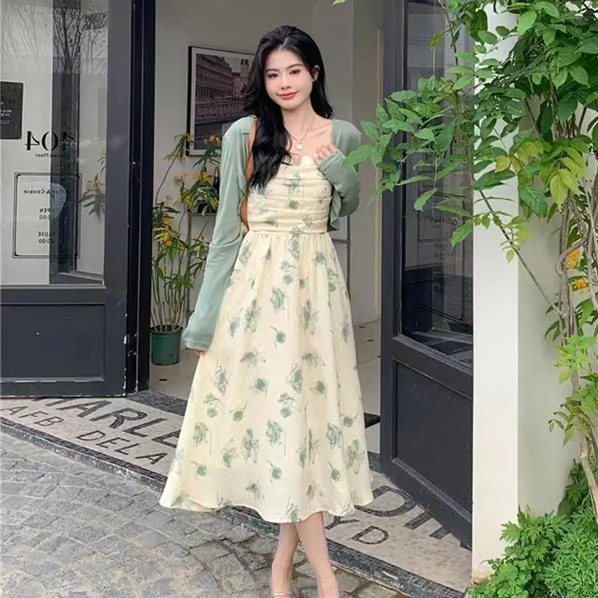 Baju Dress Korean Style Wanita Midi Premium DK10 Casual Cream Nyaman Panjang Polyester Simple Pendek