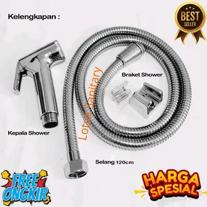 termurah jet shower komplit set bidet cebok crome kilap / selang fleksibel stainless mewah untuk kloset toilet kamar mandi universal 1/2"