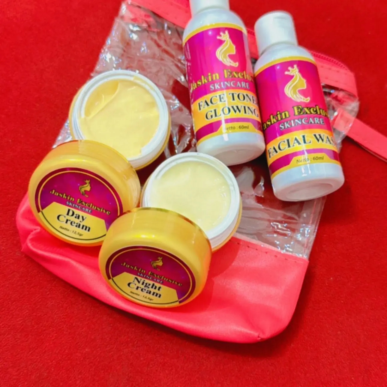 Jaskin Glow Skincare Exclusive - Cream Pagi dan Malam, Toner, Sabun untuk Atasi Bruntusan dan Kerutan, Glowingkan Wajah dengan Mudah