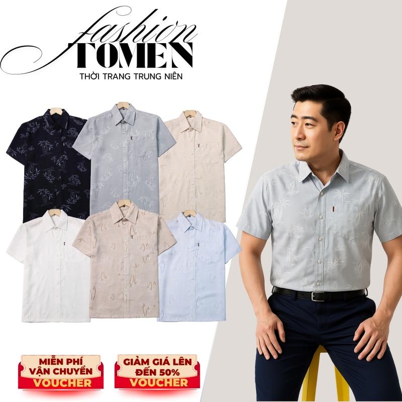 Áo Sơ Mi nam trung niên Ngắn tay vải đũi có túi họa tiết CÂY DỪA đơn giản, mặc mát, không nhăn, thanh lịch, thoải mái