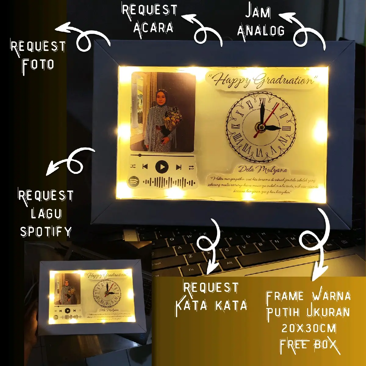 Frame Custom Foto+Jam Analog cocok untuka acara wisuda/wedding/Happy Birthday/Anniversary BISA 1 HARI JADI
