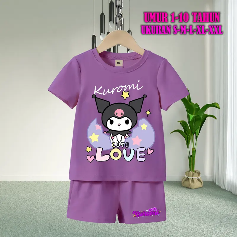 Setelan Baju Anak Tidur Gambar Kuromi Lengan Pendek dengan Sablon Berkualitas - Baju Anak Fashion Celana Pendek piyama  kuromi  anak baju  tidur  anak  perempuan 8