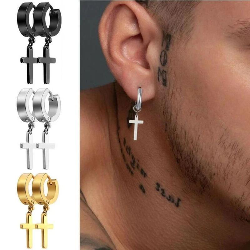 Product Introduction of 2PCS Cool Stainless steel Cross Piercing Earrings Dangle Hoop Earrings Hip Hop Earrings Hinged Earrings Accessories Cross Ear Buckle 9