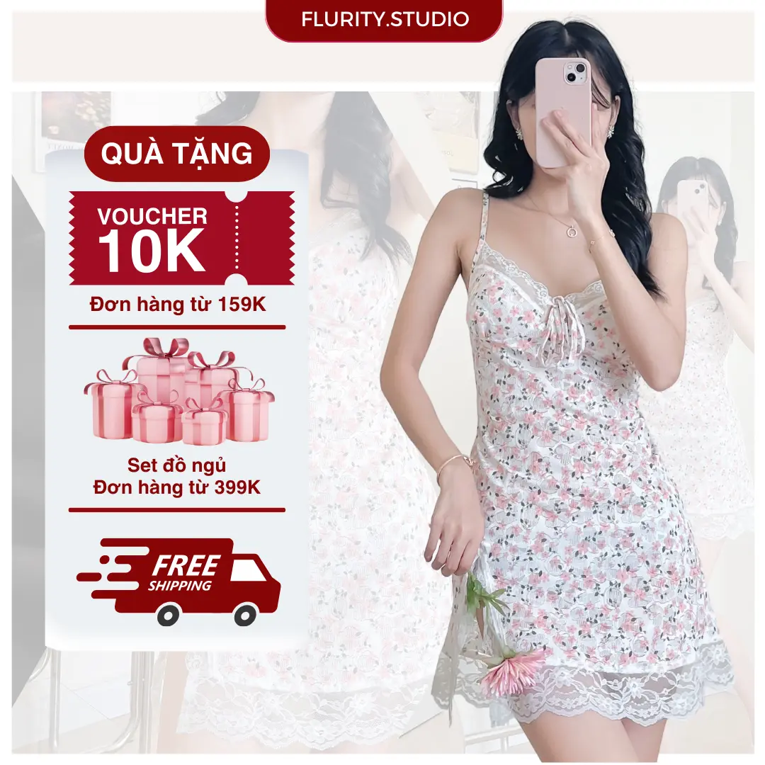 Đầm Ngủ Nữ Mặc Nhà Form Ôm Chữ A 2 Dây Cổ V Xẻ Tà 1 Bên Trên Gối Chất Ren Thun Lưới Hoa Giãn Nhẹ FLURITY - ZOE DASEHT192