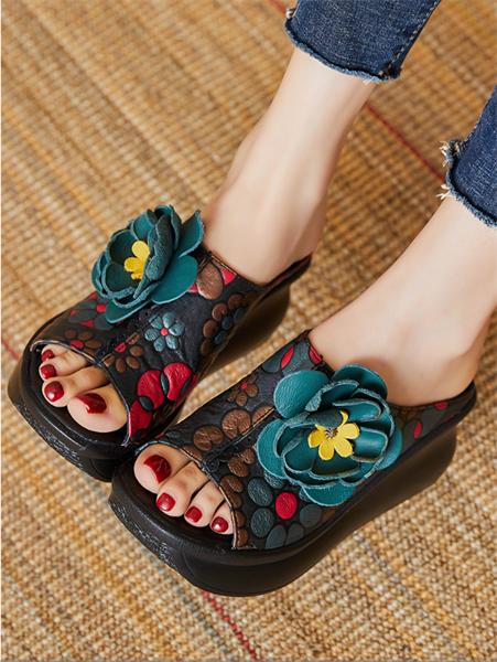 D025 Dép Sục Nữ Labag Da Bò Thật Đế Xuồng Cao 7 Phân - Thiết Kế Điêu Khắc Họa Tiết Hoa Đính Hoa Nổi 3D Sang Trọng