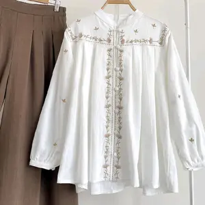 ADELIA Blouse kekinian kemeja full kancing busui Friendly motif bordir lengan panjang bahan linen crinkle atasan Wanita Kekinian