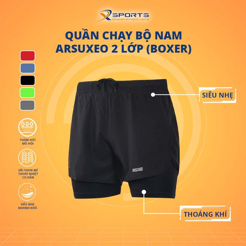 XSports - Quần Chạy Bộ Nam ARSUXEO 2 Lớp (Boxer), Mềm Mại Thoáng Khí, Có Túi Kéo Khoá Sau Lưng - MS01