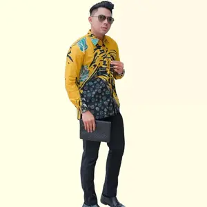 DINIE'STORE-TERBARU-KEMEJA BATIK PEKALONGAN PRIA MURAH MEWAH LENGAN PANJANG MOTIF ABSTRAK KUNING K002 Keren Nyaman Semi Katun