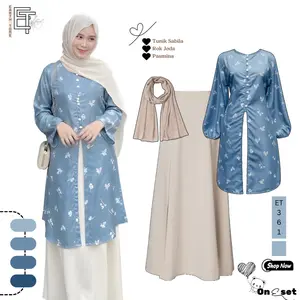 Oneset Wanita Lebaran / Bukber , Kondangan Kekinian - Tunik + Rok / Celana + Pasmina [ET361]