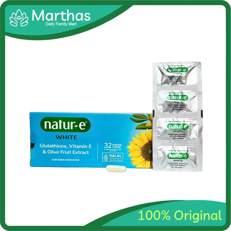 natur e glutathione Promo NATUR-E WHITE | dengan vitamin ,L-glutathione dan olive fruit extract - 1 Box isi 16 kapsul di Apotek Benevit Surabaya Vitamin Nature