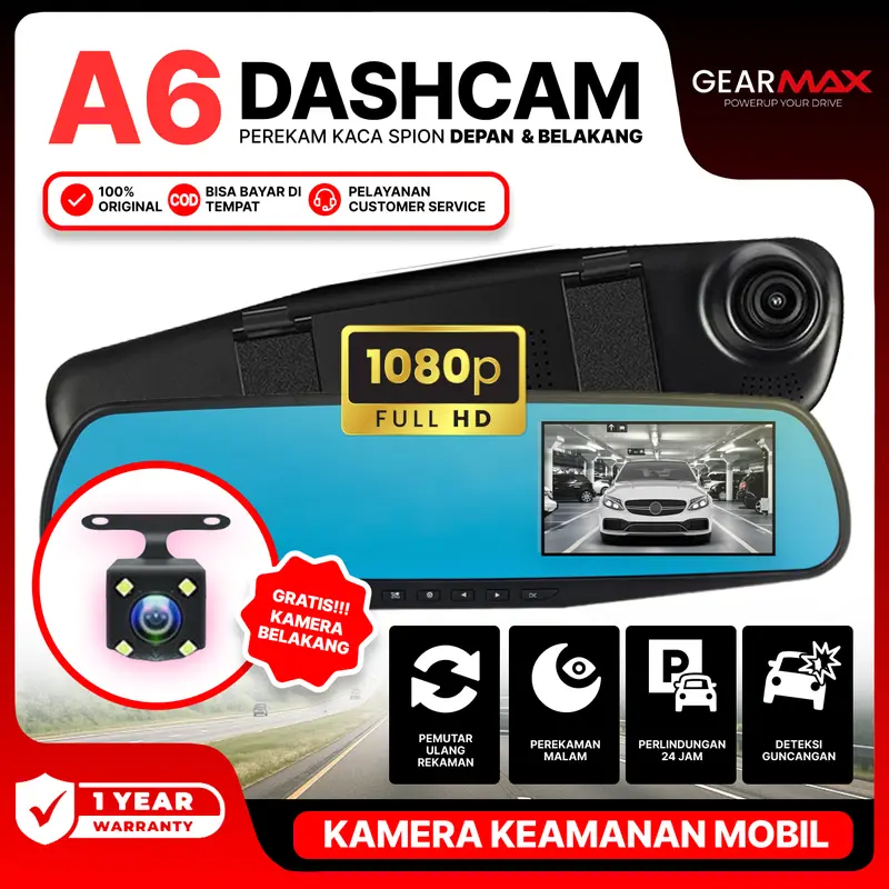 [COD-AF] GEARMAX A6 Dashcam Mobil Resolusi 1080p Kamera Depan - Belakang Layar Kamera 4.3 Inci Night Vision Dual Lens Perekaman Loop 24 jam Car Kabel