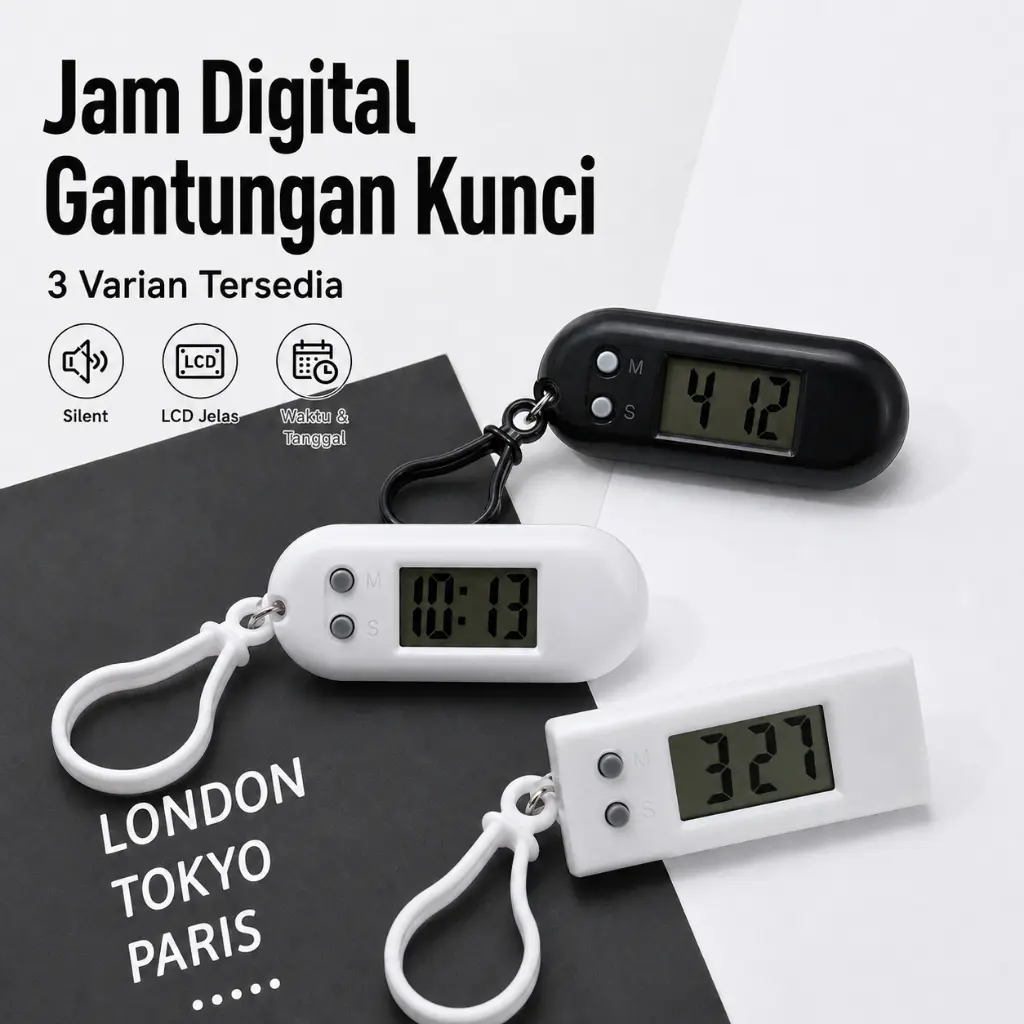 Gantungan Kunci Jam Digital Mini LCD Silent Anti Tik Tok Jam Ujian Portable Hitam Putih