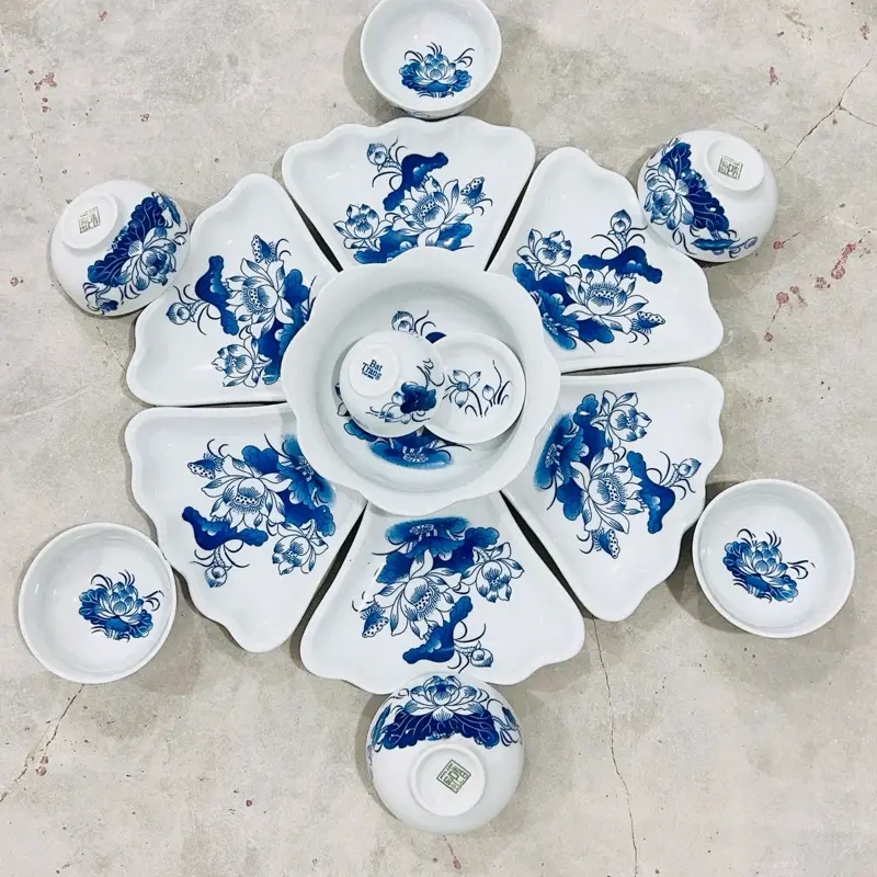 Bộ hoa mặt trời cúng gia tiên sen xanh sứ Bát Tràng 45cm