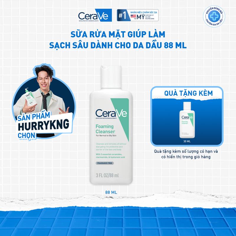 Sữa rửa mặt giúp làm sạch sâu dành cho da thường và da dầu CeraVe Foaming Cleanser 88ML. Sữa rửa mặt tạo bọt làm sạch sâu dịu nhẹ và cung cấp độ ẩm cho da. Chăm sóc da_Sữa rửa mặt_Skincare cho Nam và Nữ_Cleansing