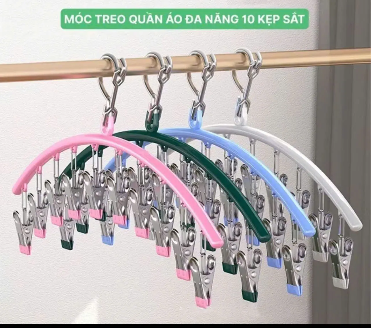 CB 3 - 5  Móc treo đa năng 10 kẹp có khóa chống gió với 10 móc INOX bọc nhựa, phơi đồ lót tiện dụng