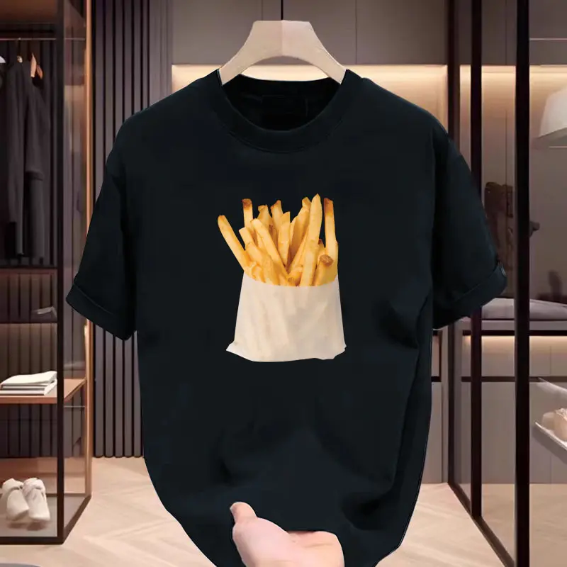 Original trendy realistic french fry print vintage vintage couple short sleeved T-shirt made of pure cotton for both men and women