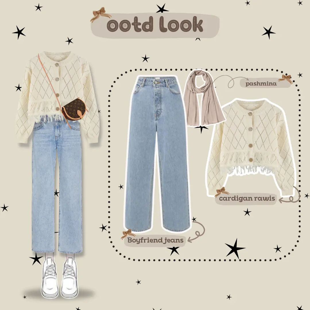 One Set Setelan Wanita Remaja 3in1 Korean Style Cardigan Rawis / Celana Jeans / Hijab Pashmina / Ootd Creamy Look Casual BC5