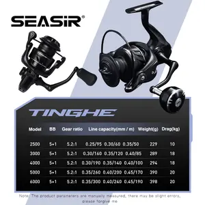 SEASIR TINGHE Spinning Reel Pancing Power Handle Daya Tarik Maksimum 10-20KG Spool Aluminium Ukir CNC Rasio Gigi 5.2:1 5+1 Bantalan Bodi Nilon Diperkuat Cocok untuk Air Laut/Darah Ikan Umpan
