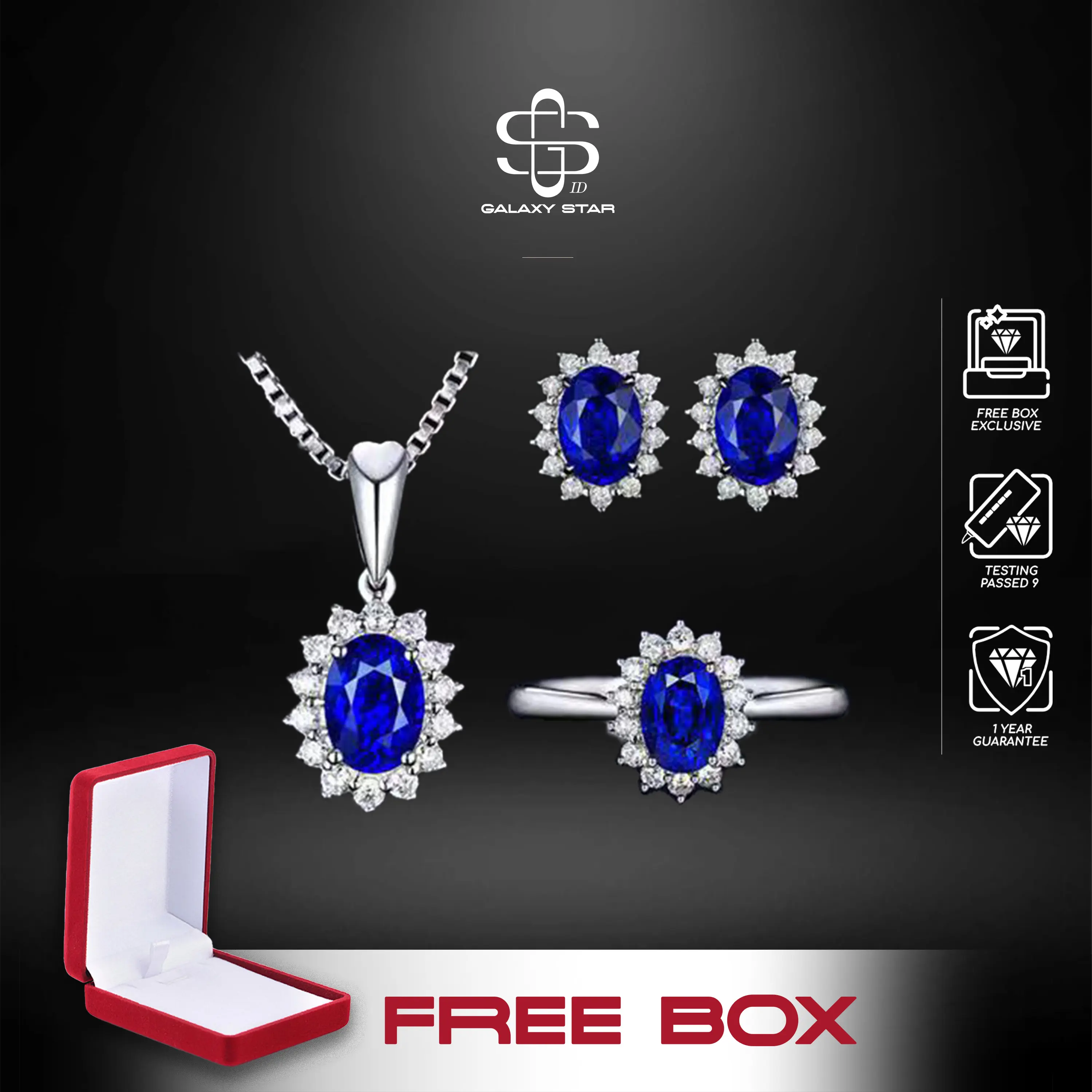 ((Free Box)) [[ Live Exclusive ]] Korean Trendy Blue Zircon Jewelry Set – Cincin, Anting & Kalung Wanita Korea Glamor dengan Kristal, Luxury Perhiasan untuk Gift Kekinian AAKB0001