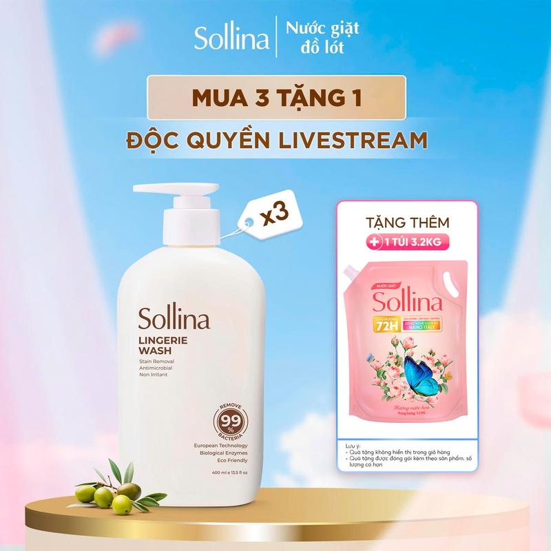 [CHỈ LIVESTREAM] Combo 3 Nước giặt đồ lót chuyên dụng Sollina 400ML/chai Hỗ trợ Làm Sạch & Kháng khuẩn, khử mùi, An toàn cho da nhạy cảm + Tặng 1 Túi giặt quần áo thường 3,2kg