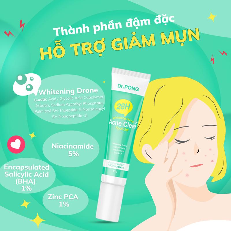 Gel chấm hỗ trợ giảm mụn Dr.PONG 28H Whitening Drone Acne Clear Spot 10g 6
