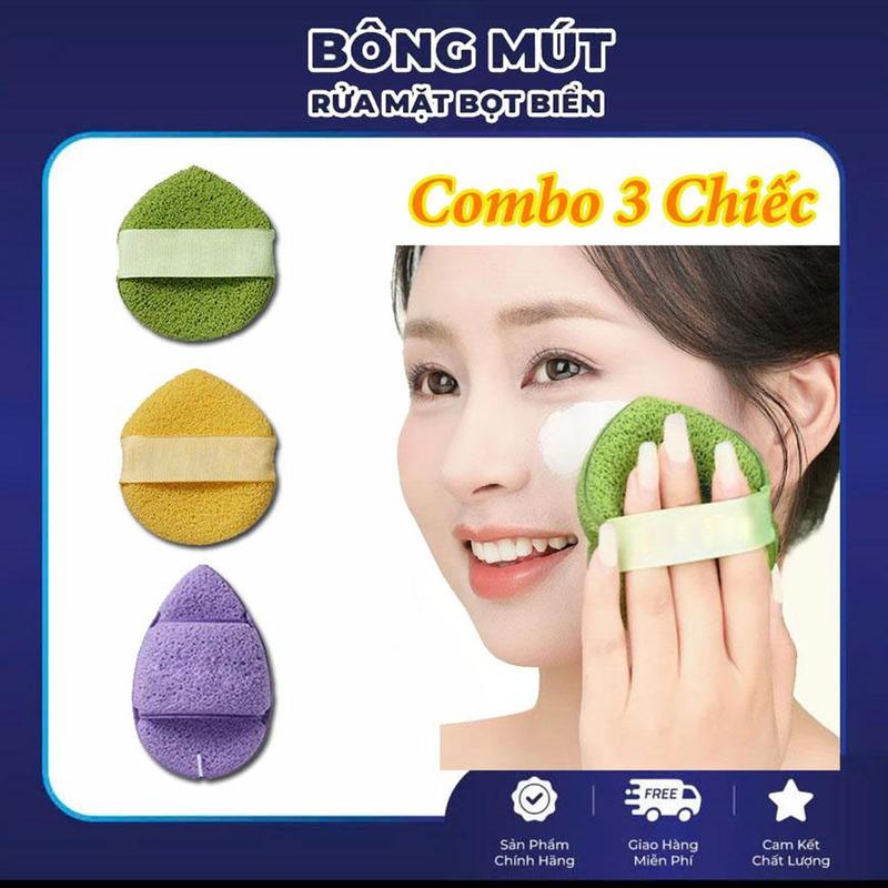 ( Combo 3 ) Bông Mút Rửa Mặt Bọt Biển Hình Giọt Nước Vàng Xanh Lá Tím Kích Thước 15mm Làm Sạch Sâu Da Mặt