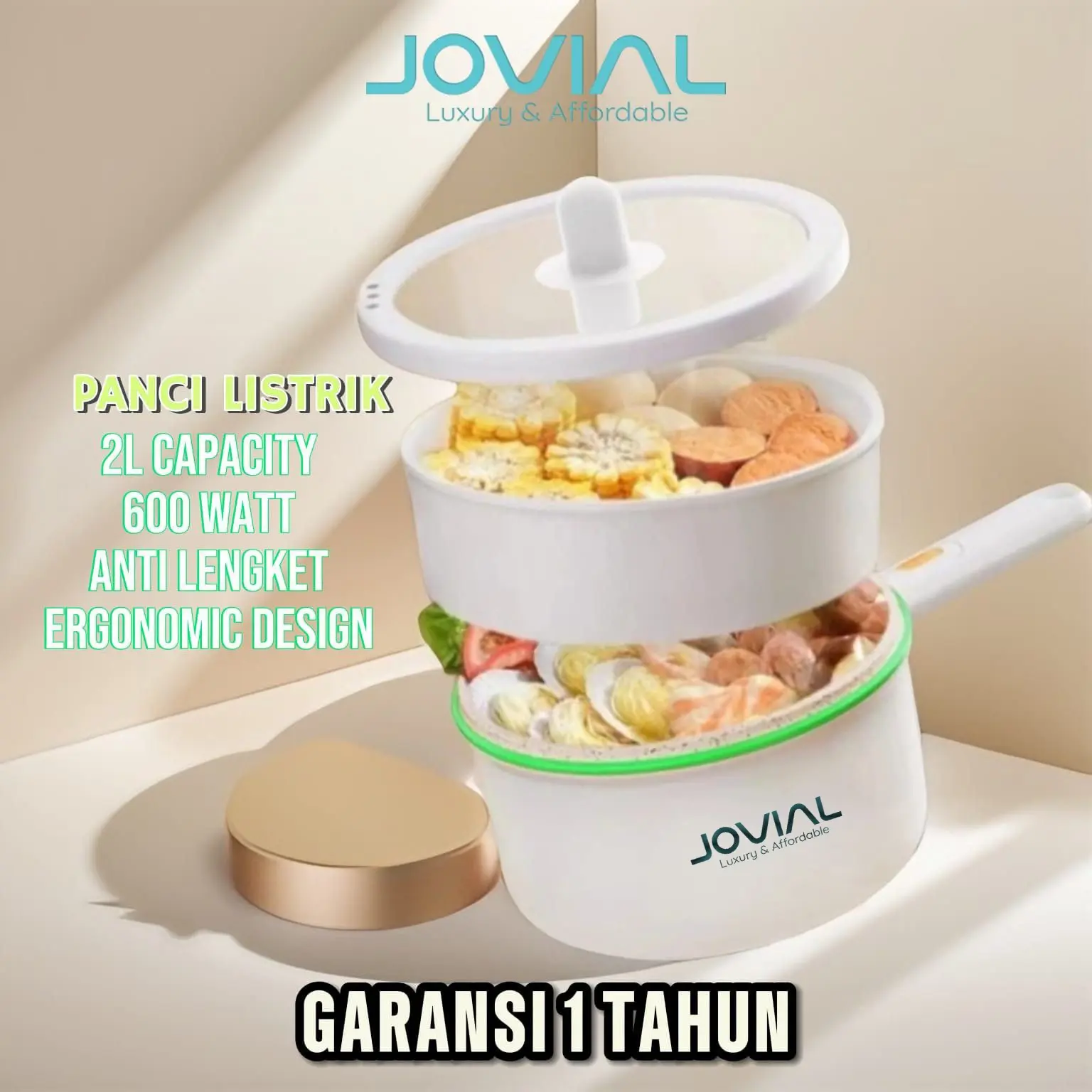 Jovial Panci Listrik Serbaguna 1.8L / Panci Elektrik Penggorengan Low Watt 600W Air Kabel Merah 12 bulan white