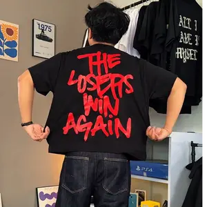 Kaos Desain “The Losers Win Again”｜Grafis Tulisan Merah Belakang & Wajah Karakter Unik Depan｜Bahan Katun Tebal 22S 220gr｜Bisa COD