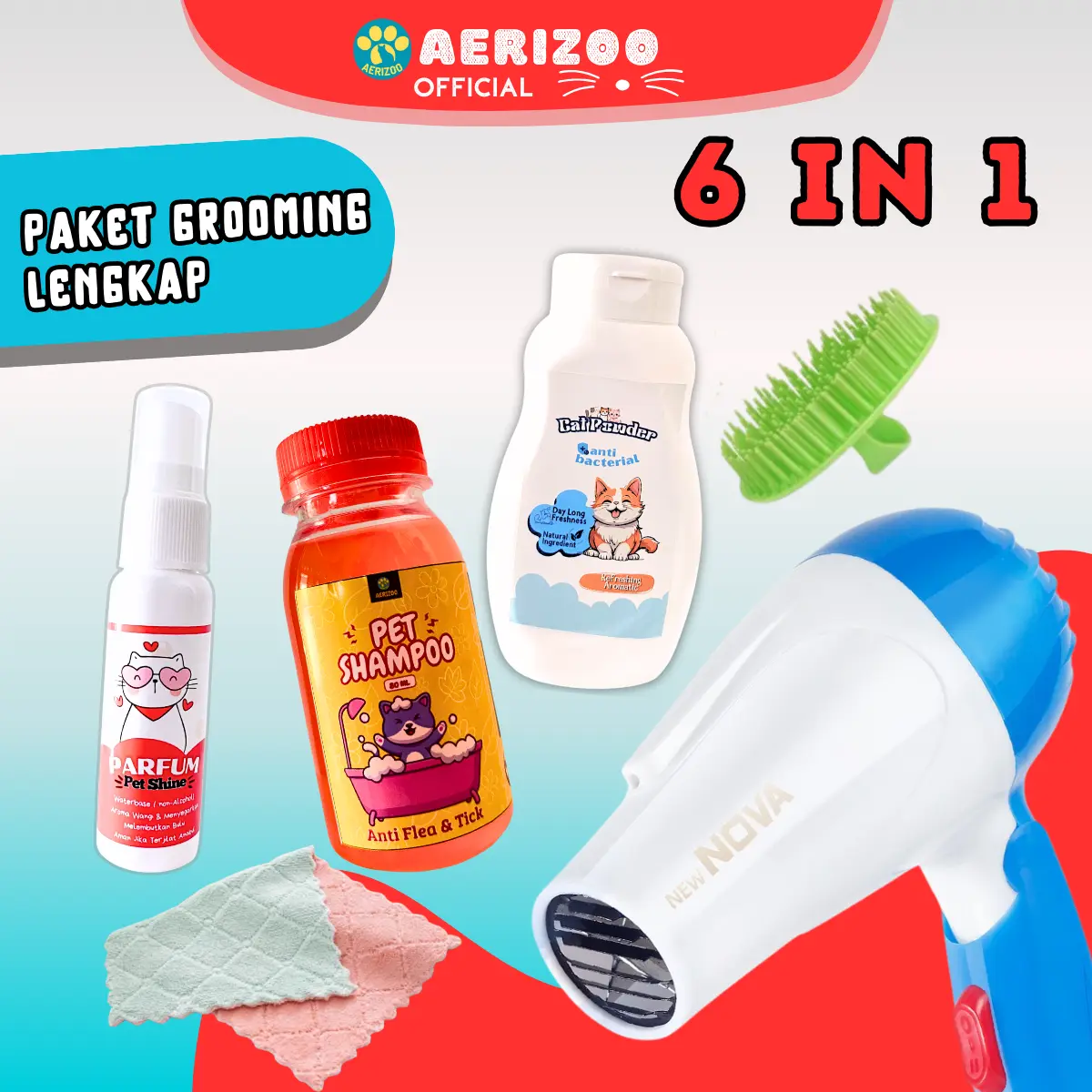 Paket Grooming Kucing 6in1 Lengkap Perlengkapan Mandi Anabul Murah Aerizoo