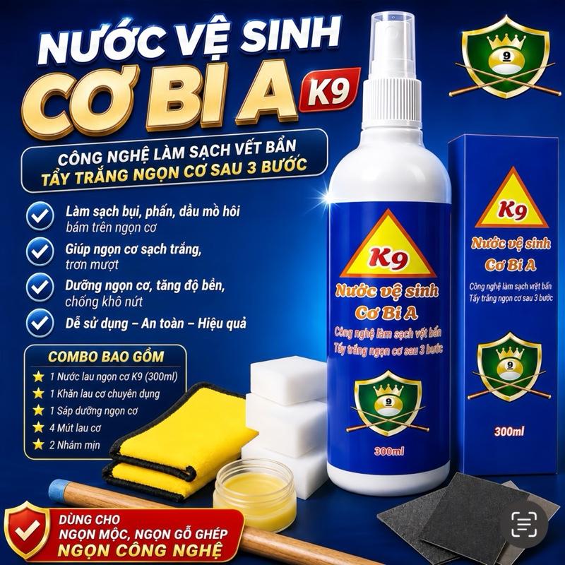 Nước Vệ Sinh Cơ Bida K9 300ml – Tặng Kèm Sáp Dưỡng Ngọn, Khăn Lau Cơ, Mút Lau Cơ – Dùng Cho Ngọn Mộc, Gỗ Ghép, Ngọn Công Nghệ