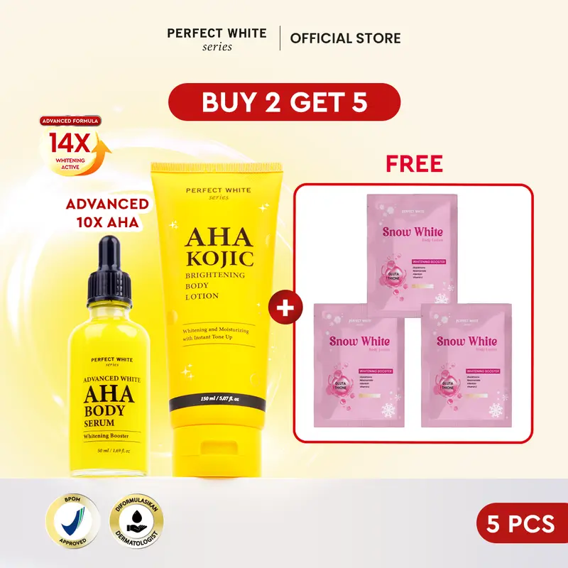 [BUY 2 GET 5] PERFECT WHITE AHA Advanced Body Serum 50ml + AHA Kojic Brightening Body Lotion 150ml [TUBE] + AHA Kojic Brightening Body Wash + Free 3pcs Sachet Snow White | Mencerahkan Badan Sabun Whitening Pencerah Noda Hitam Tubuh Niacinamide 0