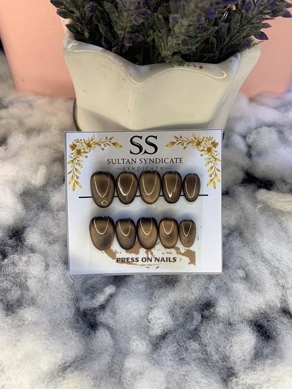 Press On Nails Hande Made SultanSyndicate Model Kuku Full Cat Eye Kuku Palsu Short Oval Free Lem Tempel Dan Kikir