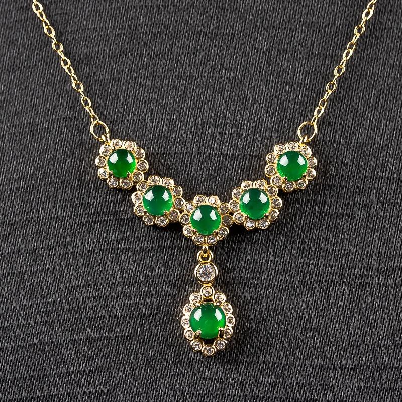 Natural Jade Grade A Water Moisturizing Spicy Green Egg Noodles Set with 925 Silver Necklace and 18k Gold 1