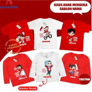 KAOS ANAK KEMERDEKAAN CUSTOM SABLON NAMA DESAIN KEMERDEKAAN 17 AGUSTUS DAN CUSTOM NAMA KAOS PENDEK DAN KAOS PANJANG CEWE COWO KAOS COTTON COMBED 30S MURAH HUT RI 17 AGUSTUS KAOS ANAK MERAH PUTIH