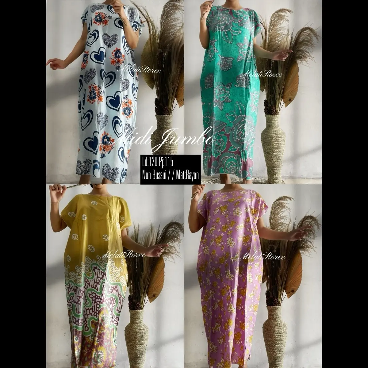 Daster Midi Rayon Soloan Motif Banyak All Size - Melati Storee - Nyaman, Wanita, Baju, Panjang, Karet, Tidur, Dewasa, Busui, Bali, Ungu