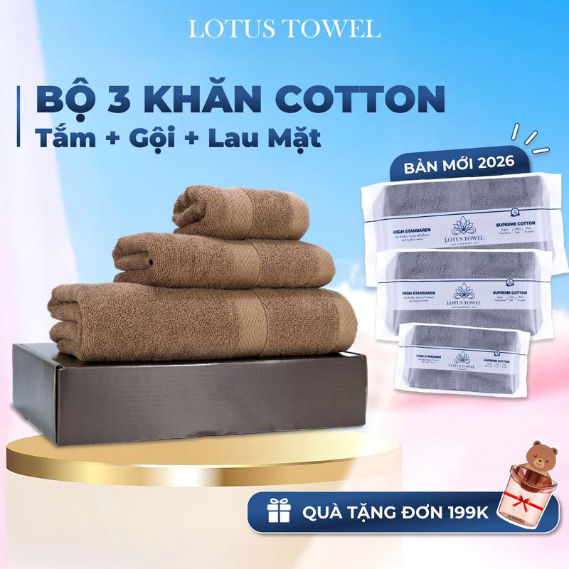 Bộ 3 Khăn ( Tắm, Gội, Lau mặt ) LOTUS Hoàn Toàn từ Cotton, Mềm Mịm, Thấm Hút, Không Ra Màu