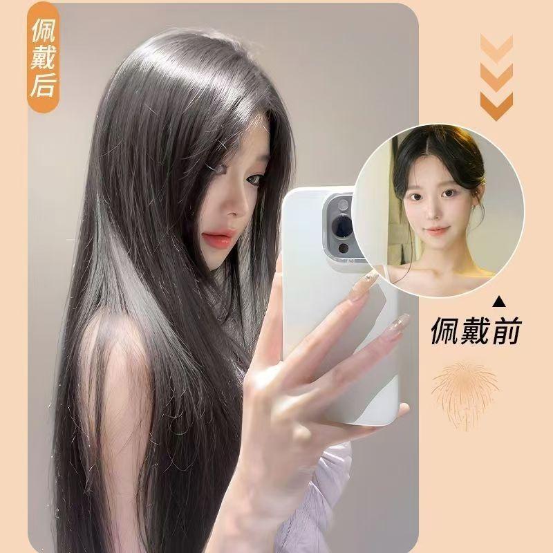 Tóc Giả Tóc Dài Nữ, Dài Trung Bình Màu Đen, Tóc Mái Tám Chữ, Liền Mạch, Lụa Tổng Hợp, Tự Nhiên Và Bắt Đầu Từ Đầu, Tóc Người Thật, Kiểu Tóc Giả Trùm Đầu, Thích Hợp Để Mặc Hàng Ngày Wig 5