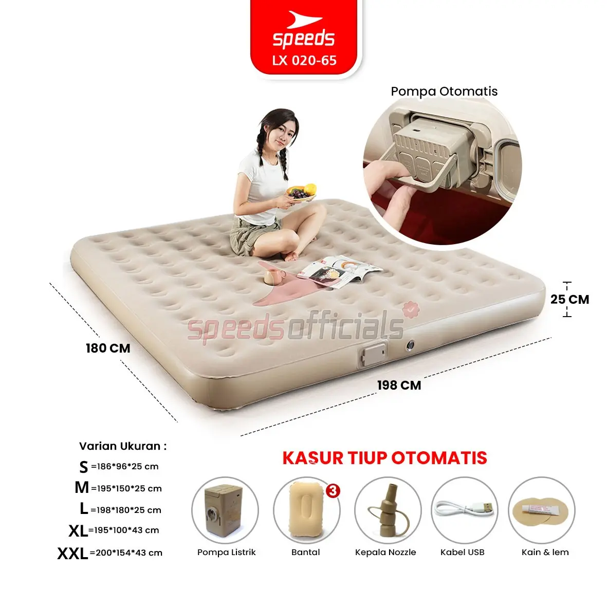SPEEDS Kasur Angin Tiup 200x154x43cm Multifungsi Matras Kasur Pompa Outdoor Inflatable Bed 020-65 kasur  angin  180×200