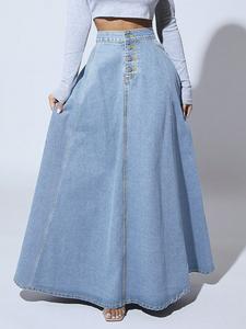 Falda larga de mezclilla casual lavada para mujer, falda en A de cintura alta y estilosa para uso diario, diseño cómodo y moderno