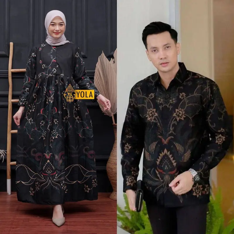 Baju Batik Couple Modern - Sarimbit Batik Kondangan Kekinian - Couple Gamis Batik dan Kemeja Polyester Dewasa Katun Motif Muslim Panjang Pasangan Dress Keluarga Seragam Kombinasi 0
