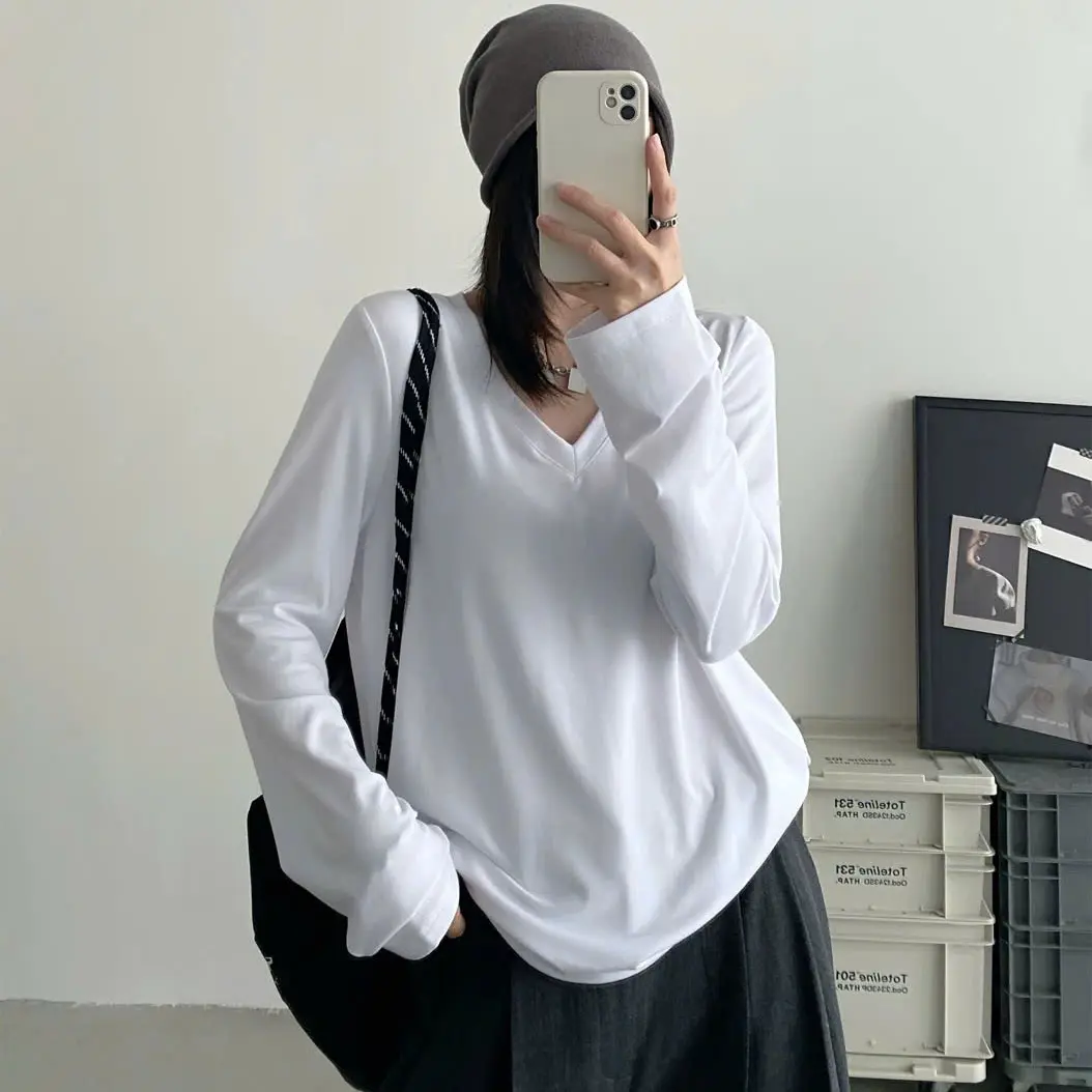 ÁO THUN TAY DÀI CỔ TIM TRƠN FORM RỘNG CHẤTCOTTON DỄ PHỐI ĐỒ XINH ĐẸP OVESIZE<72KG Nữ Top Women Cổ TIM Voan áo  cổ Voi