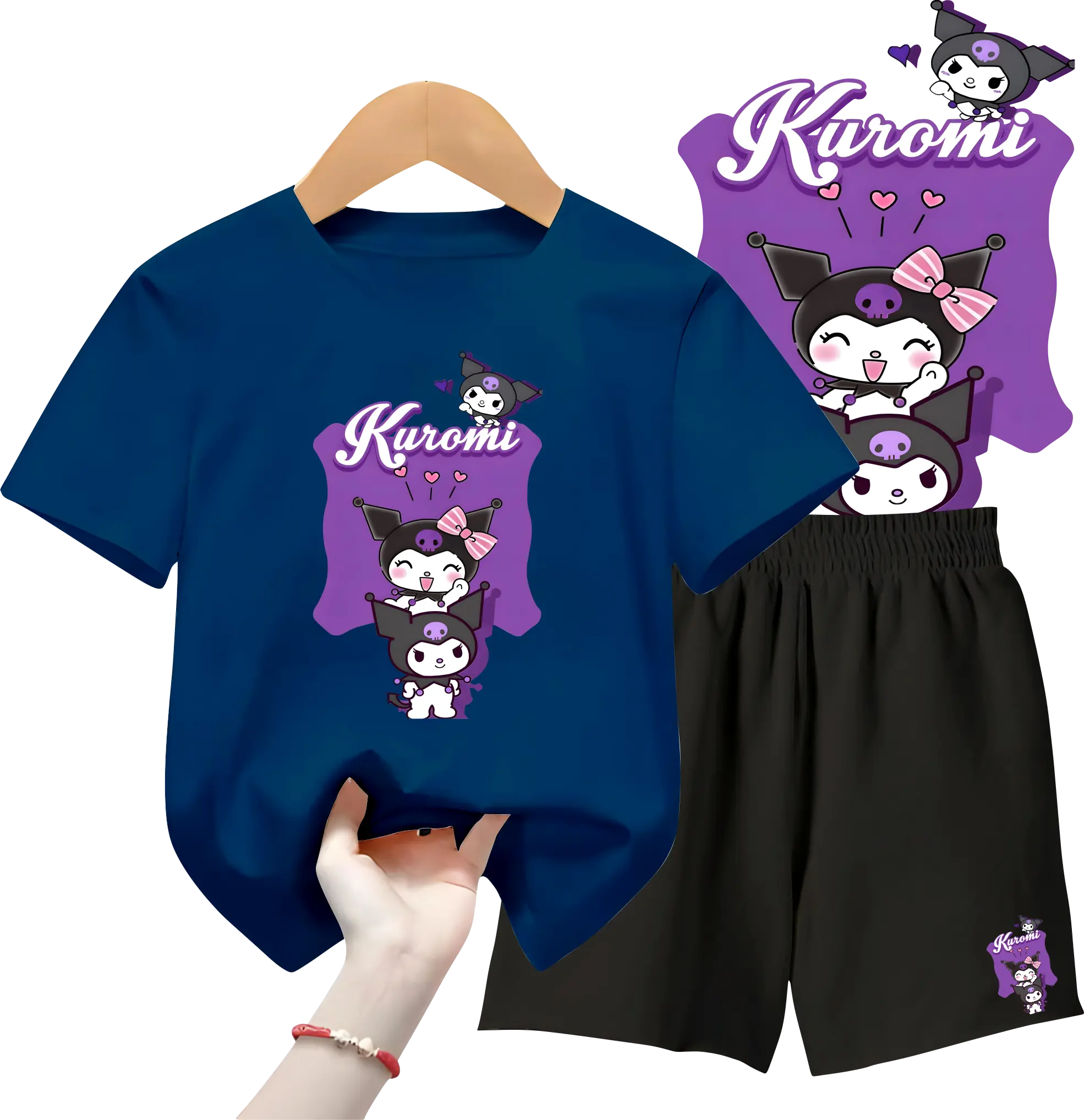 Baju Setelan Anak Perempuan - Pakaian Kaos dan Celana Fashion Anak Cewek Usia 5-15 Tahun - Motif KUROMI & MELODY Navy