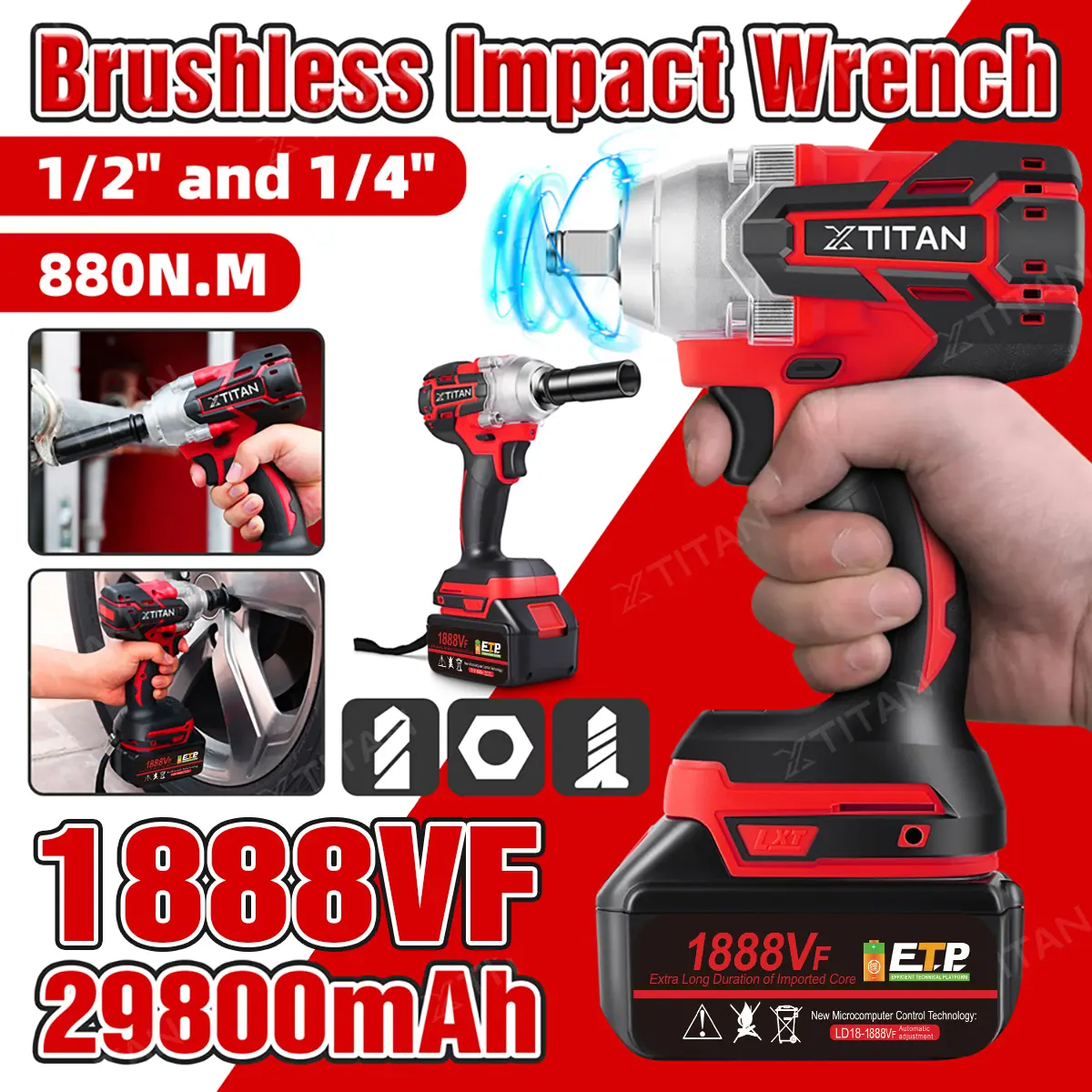 【5 Year Warranty】XTITAN 3 In 1  51pcs Brushless Impact Wrench Electric Drill Screwdriver Driver 1/2" And 3/8" Socket Hexagon Ratchet Wrench 29800mAh Cordless Electric Impact Wrench Tool Set With 1/2 Battery Machine Tools