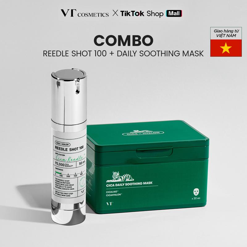 Combo Tinh chất Vi kim VT REEDLE SHOT 100 & Hộp mặt nạ dưỡng da VT CICA DAILY SOOTHING MASK 30 miếng