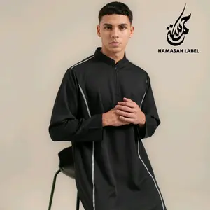 HAMASAHLABELL - GAMIS PRIA REFLECTIVE JUBAH PRIA SLIMFIT LINE MENYALA JUBAH PRIA UMROH Katun Toyobo Muslim Dewasa Hitam Zipper Depan Tangan Wudhu Friendly Saku Kanan