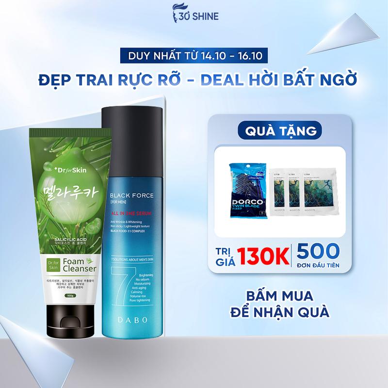 Combo Da Giảm Mụn - Tráng Sáng Bật Tone: chăm sóc da mặt làm sạch dưỡng trắng cấp ẩm giảm mụn mờ thâm dành cho Nam: Sữa rửa mặt Tràm Trà Dr.FORSKIN và Dưỡng da Dabo nam  gioi