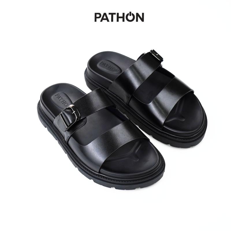 SD189 - PATHON Dép da nam 2 quai ngang Microfiler màu Đen Cao Cấp Đế TPR Chống Trơn Trượt 2 Quai 1 Khóa