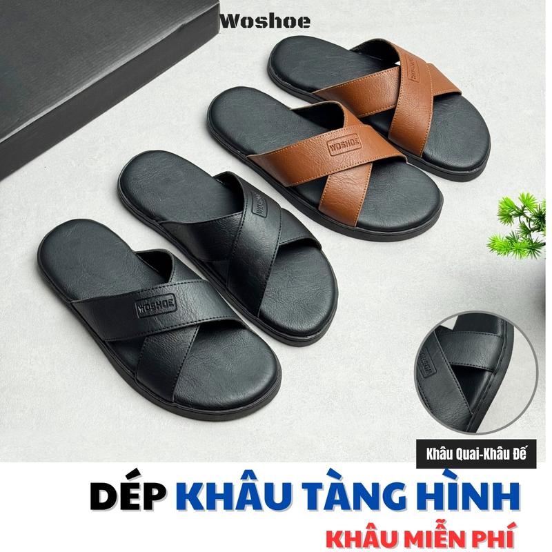 DÉP NAM 2025 Dép Khâu Đế Nam Quai Chéo X Chống Nhăn Khâu Tàng Hình WOSHOE Dép Lê Nam Đẹp Cao Cấp Đế Cao Su Chống Trơn Trượt