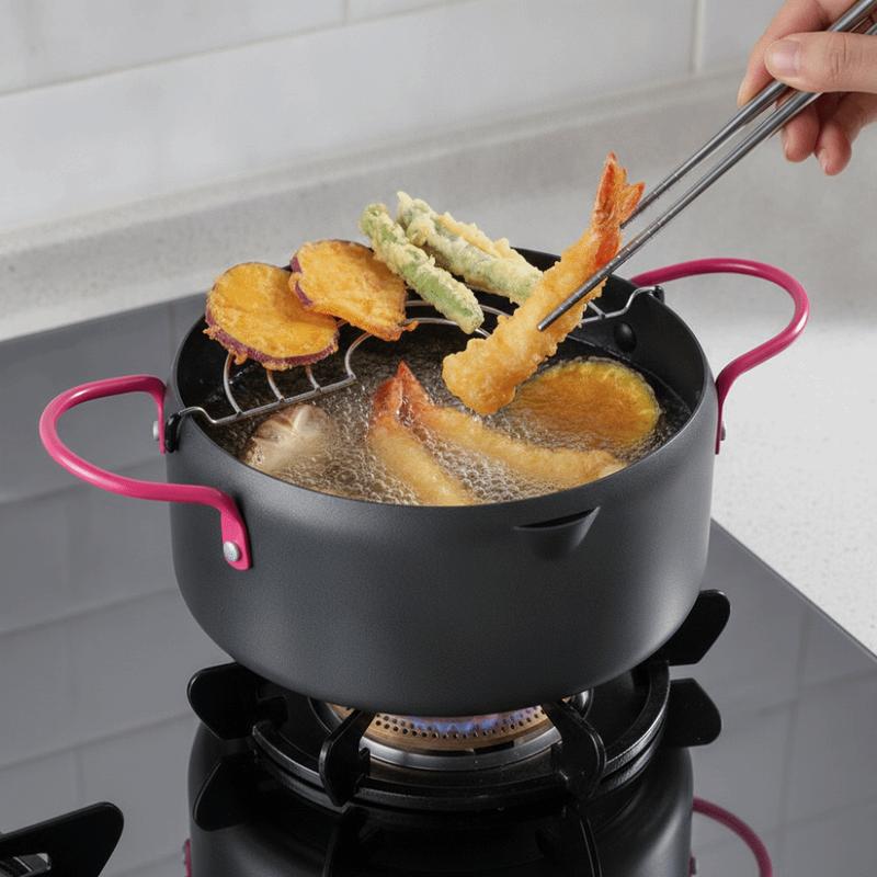 Sáng tạo Phong cách Nhật Bản Nồi chiên tempura tay cầm màu hồng Ổ cắm hình chữ V Hợp kim nhôm Nồi chiên sâu lòng với giá đỡ bộ lọc dầu Mini Nồi chiên bị hư hỏng từ