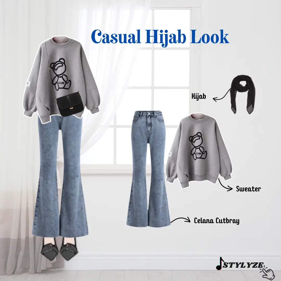 Casual Hijab Look One Set 3in1 (Sweater-Hijab-Celana) Outfit Jalan Bukber Imut Setelan Ala Remaja Wanita SZ57